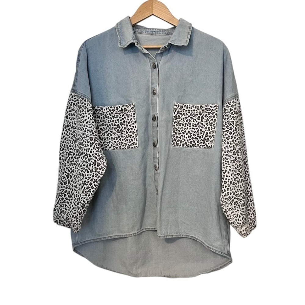 Oversized Chambray Shirt Animal Print Contrast Button Up High Low XL Shacket